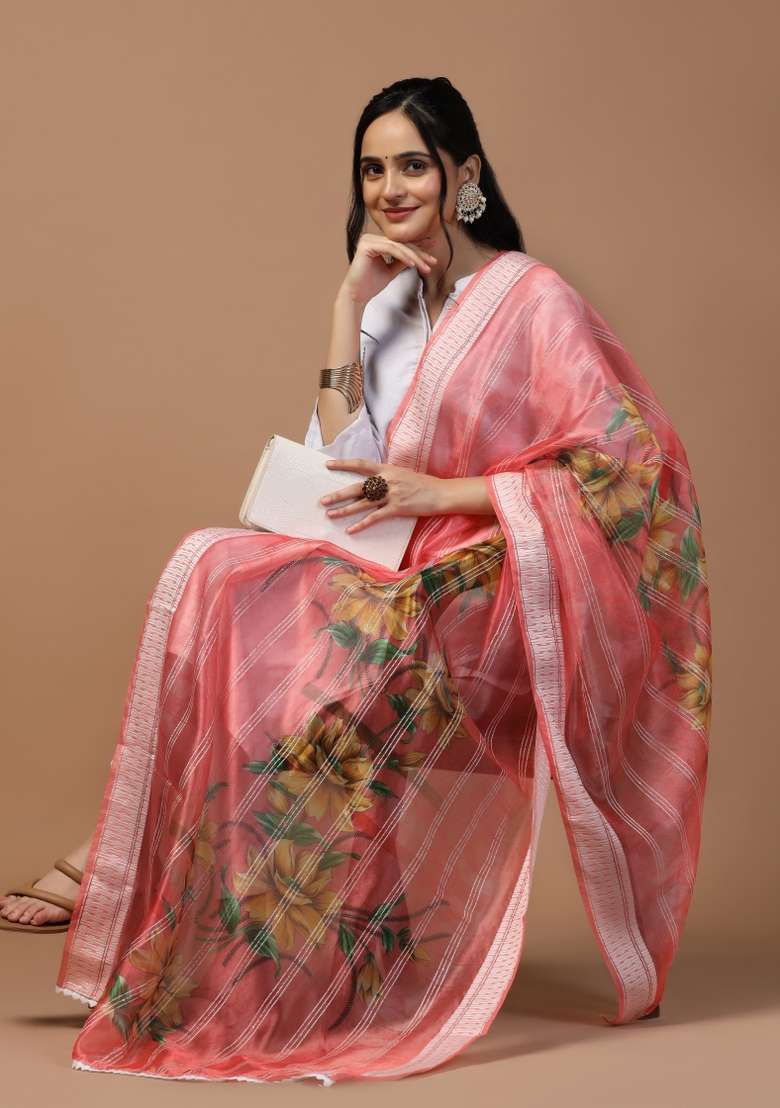 Pink Digital Print Organza Dupatta - Indya
