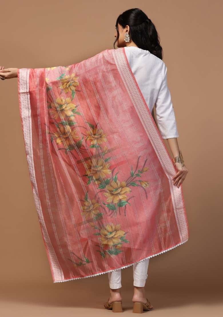 Pink Digital Print Organza Dupatta - Indya