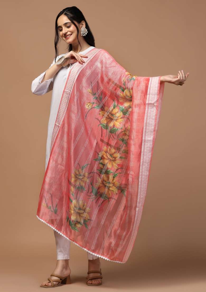 Pink Digital Print Organza Dupatta - Indya
