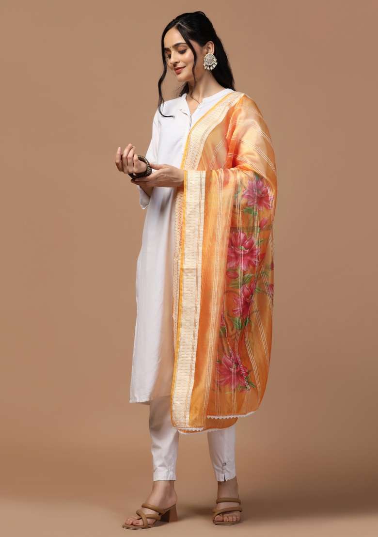 Orange Digital Print Organza Dupatta - Indya