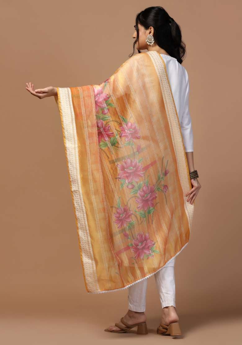 Orange Digital Print Organza Dupatta - Indya