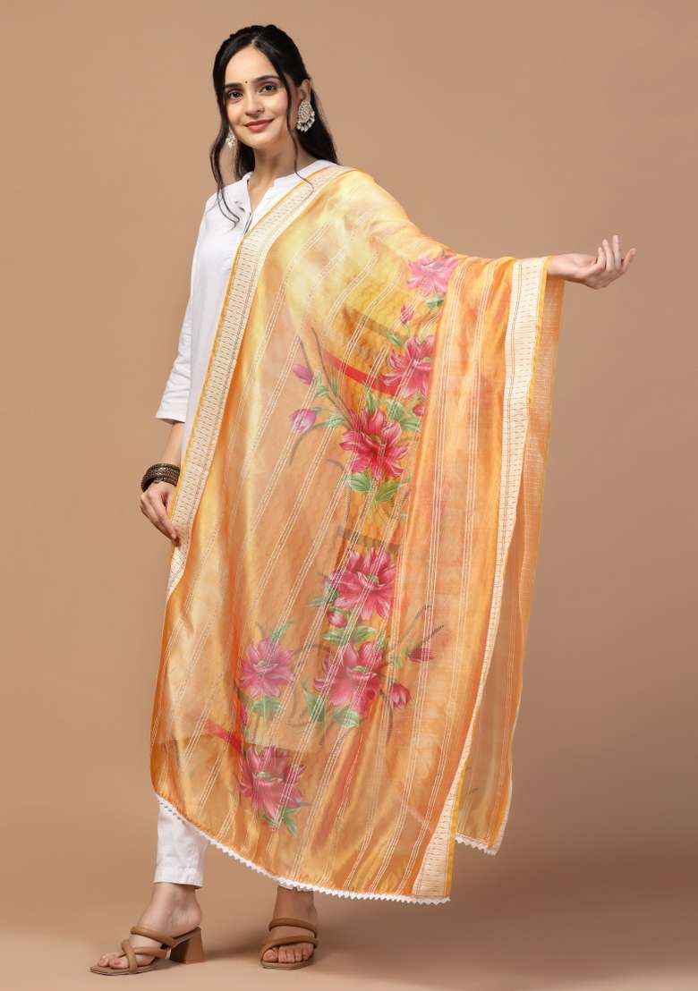 Orange Digital Print Organza Dupatta - Indya