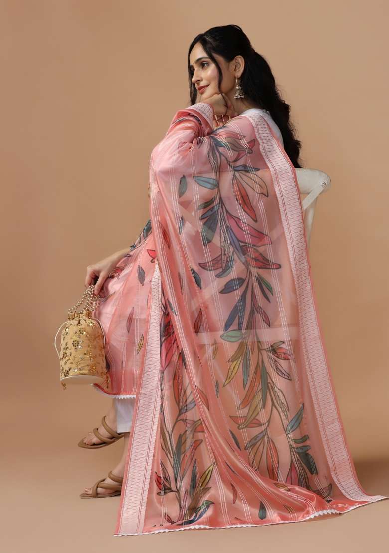Pink Digital Print Organza Dupatta - Indya