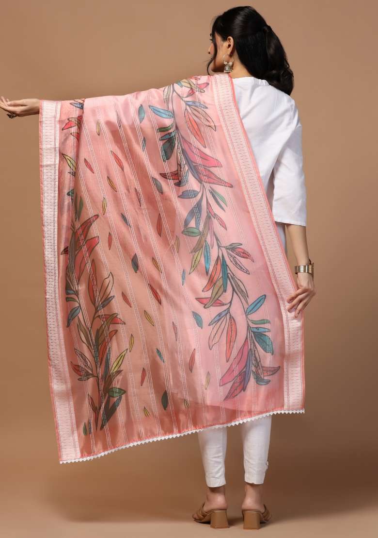 Pink Digital Print Organza Dupatta - Indya