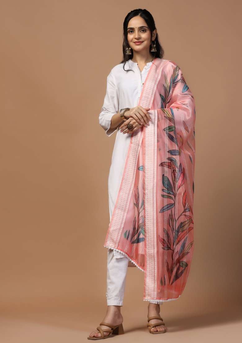 Pink Digital Print Organza Dupatta - Indya