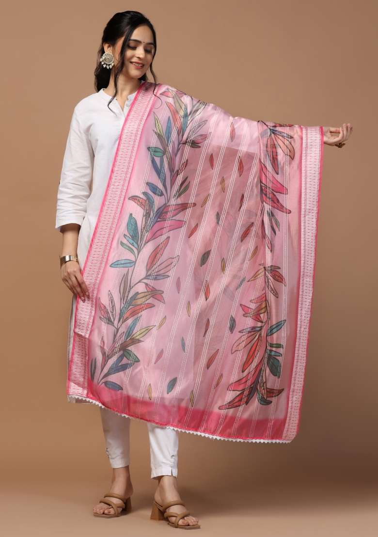 Pink Digital Print Organza Dupatta - Indya