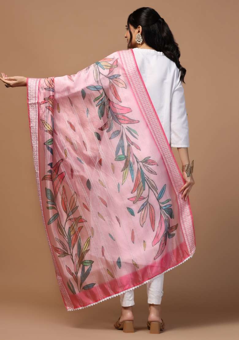 Pink Digital Print Organza Dupatta - Indya