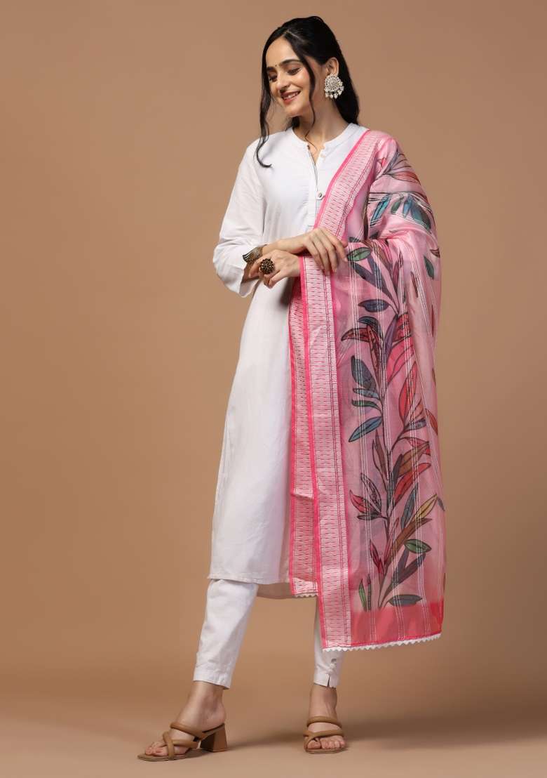 Pink Digital Print Organza Dupatta - Indya