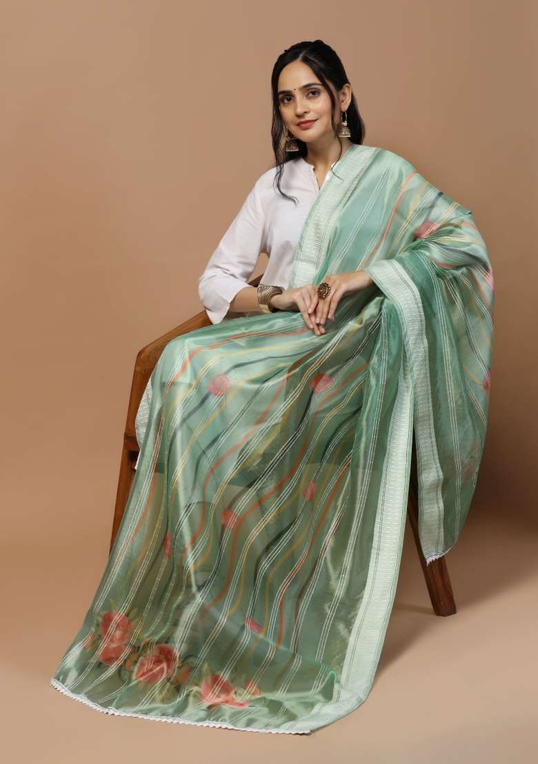 Olive Digital Print Organza Dupatta - Indya