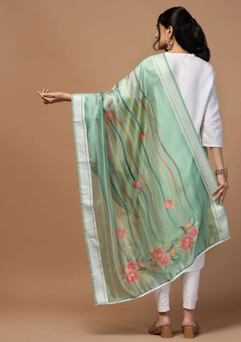Olive Digital Print Organza Dupatta - Indya