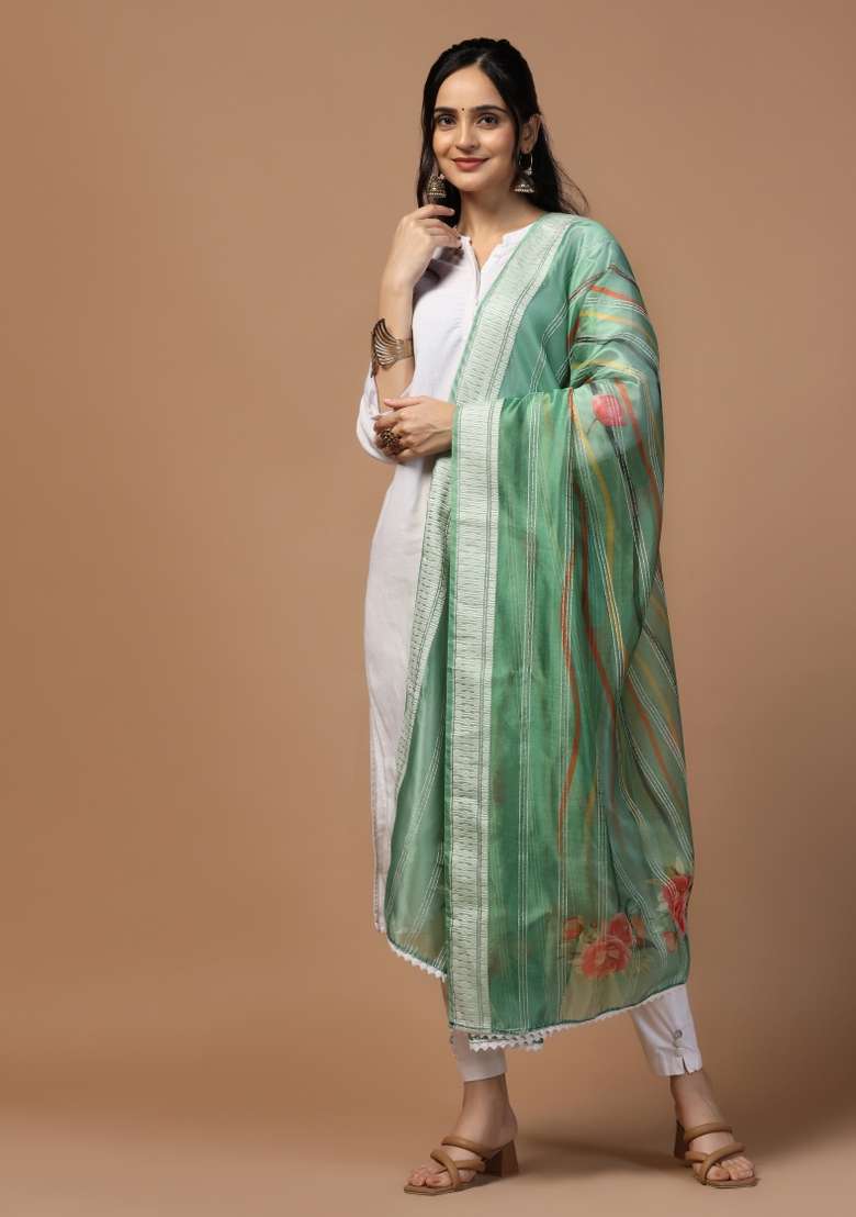 Olive Digital Print Organza Dupatta - Indya
