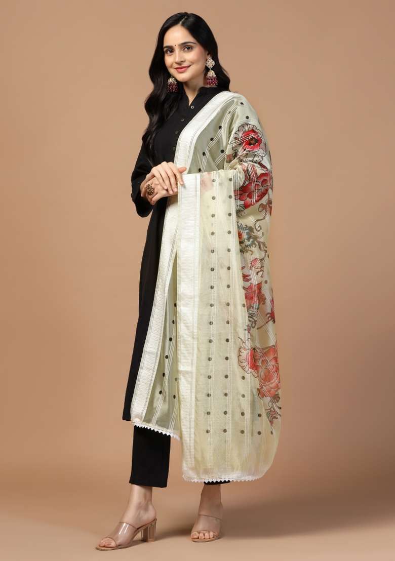 Grey Digital Print Organza Dupatta - Indya