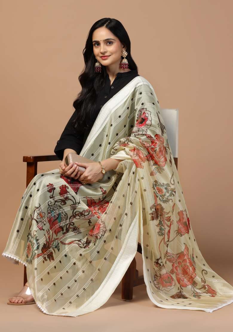 Grey Digital Print Organza Dupatta - Indya