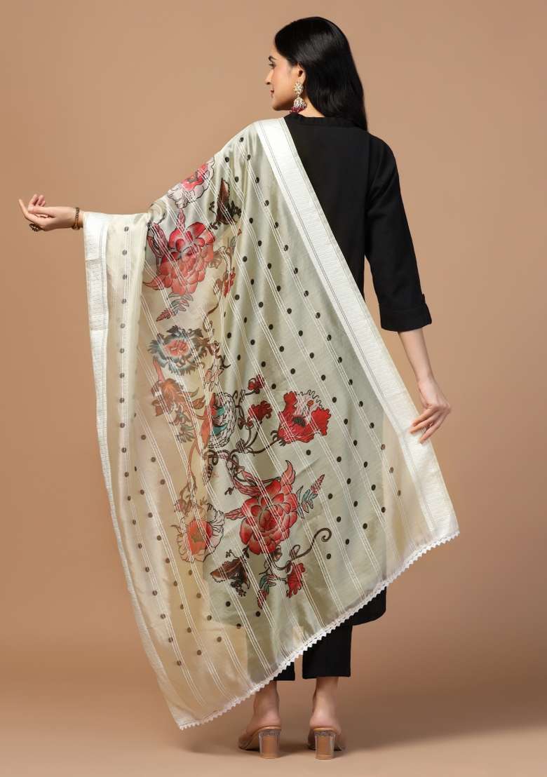 Grey Digital Print Organza Dupatta - Indya