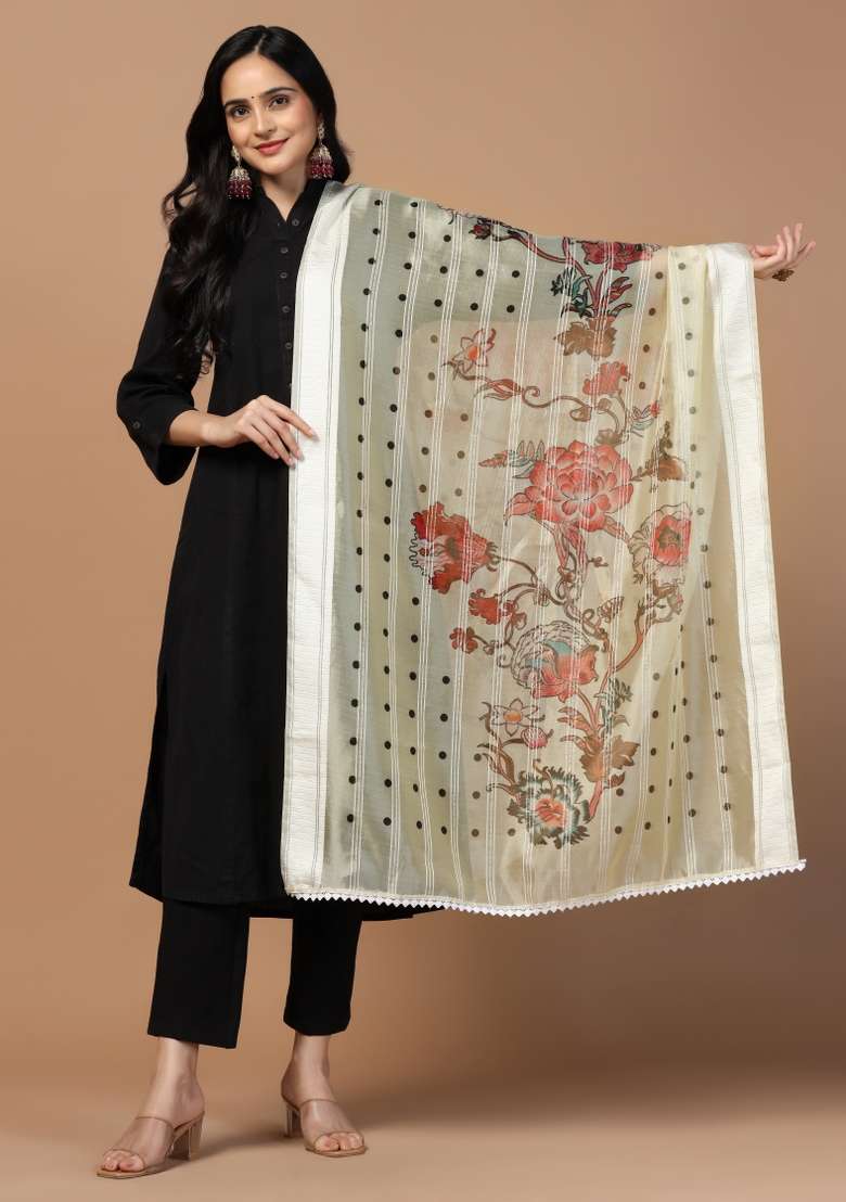 Grey Digital Print Organza Dupatta - Indya