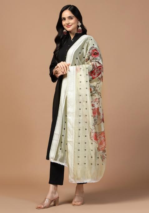 Grey Digital Print Organza Dupatta
