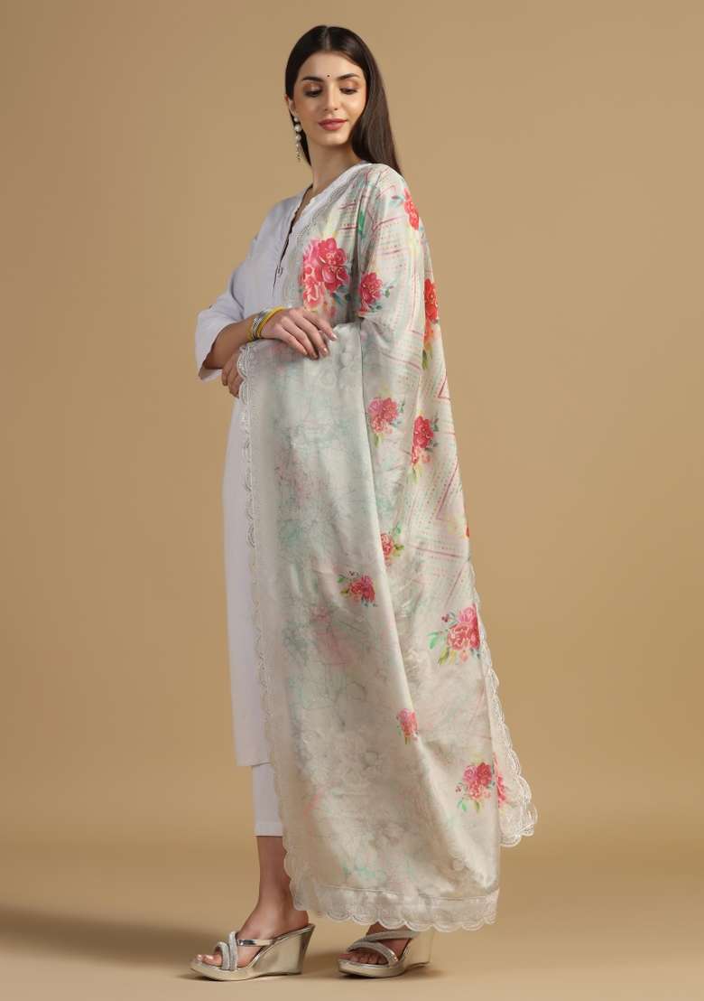 Grey Digital Print Chinon Dupatta - Indya