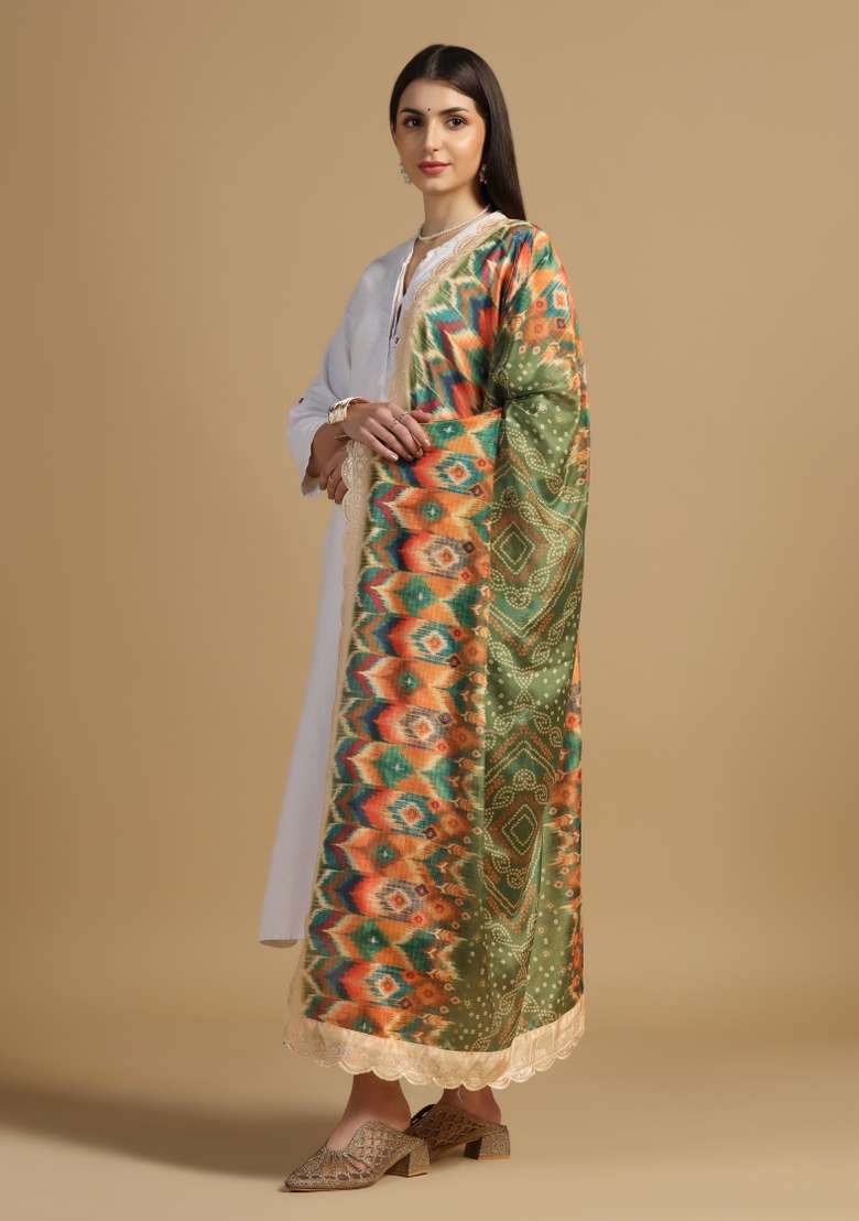 Green Digital Print Chinon Dupatta - Indya