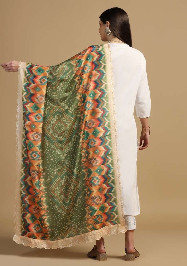 Green Digital Print Chinon Dupatta - Indya