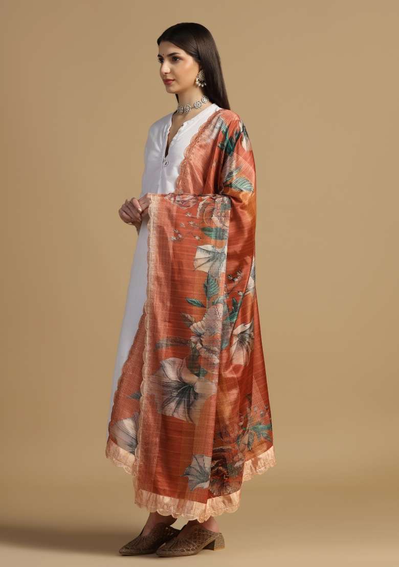 Maroon Digital Print Chinon Dupatta - Indya