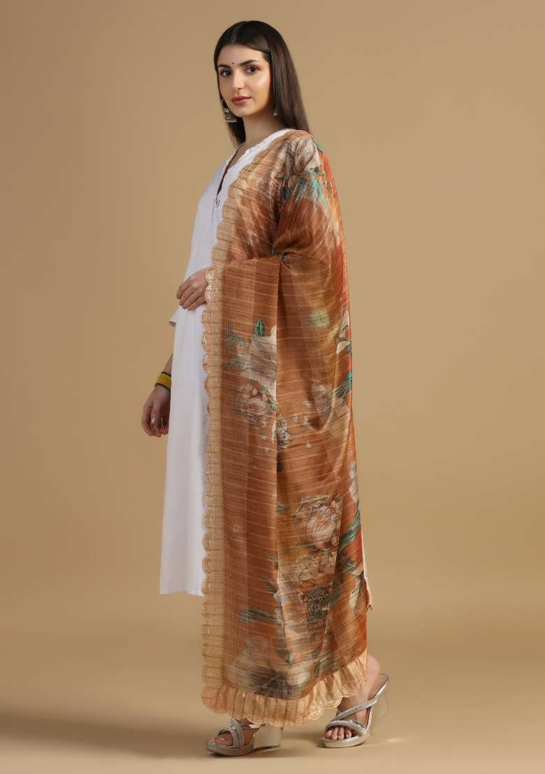 Brown Digital Print Chinon Dupatta - Indya