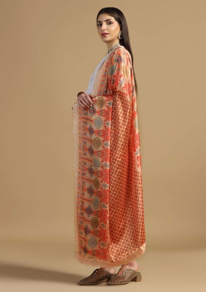 Red Digital Print Chinon Dupatta - Indya