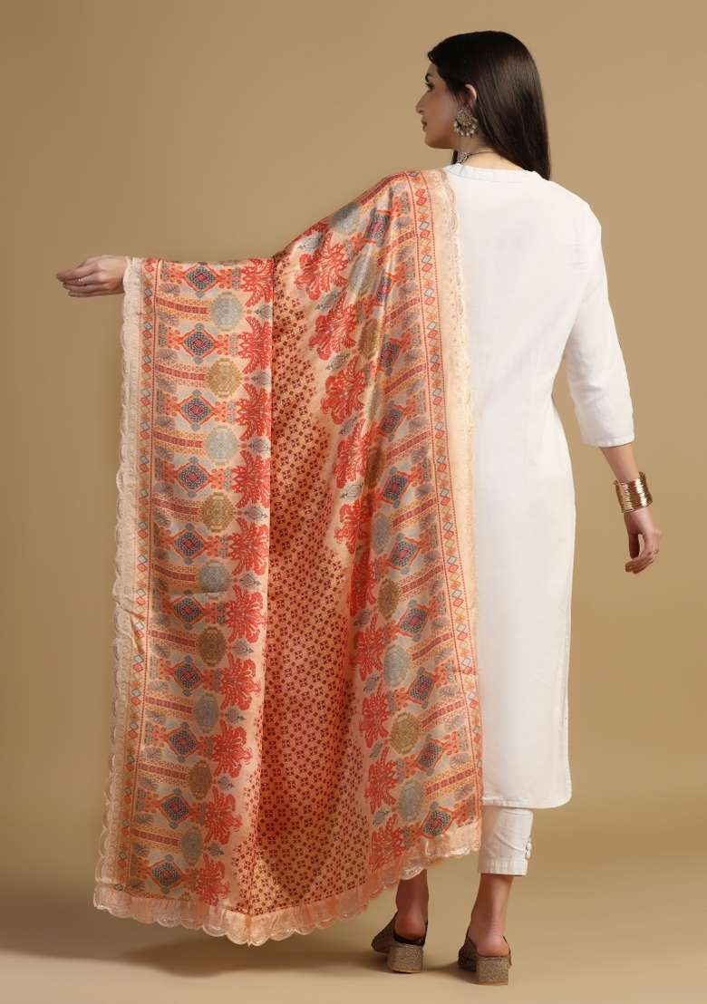 Red Digital Print Chinon Dupatta - Indya