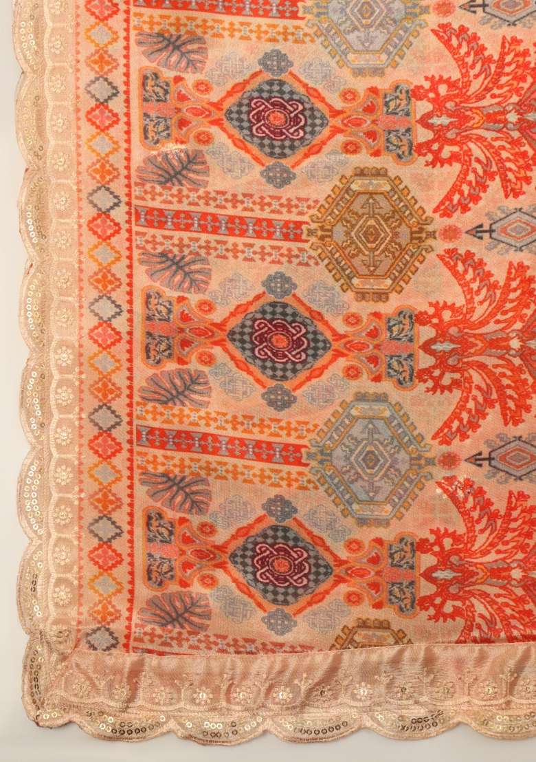 Red Digital Print Chinon Dupatta - Indya