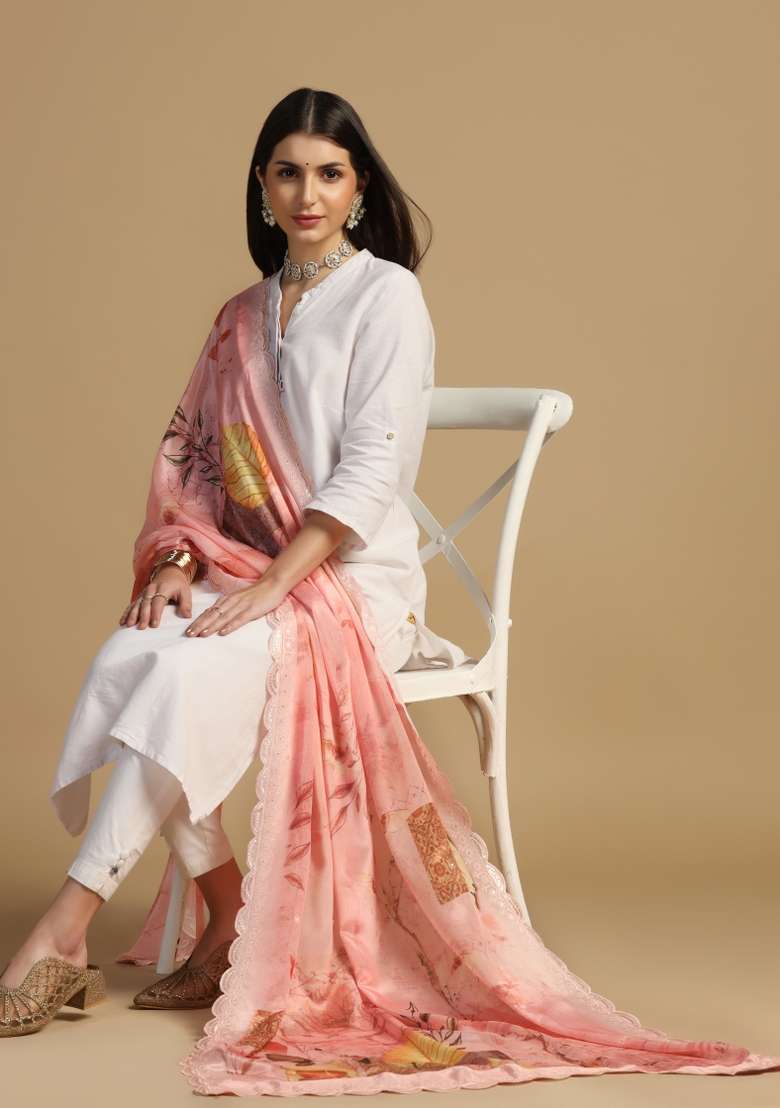 Peach Digital Print Chinon Dupatta - Indya