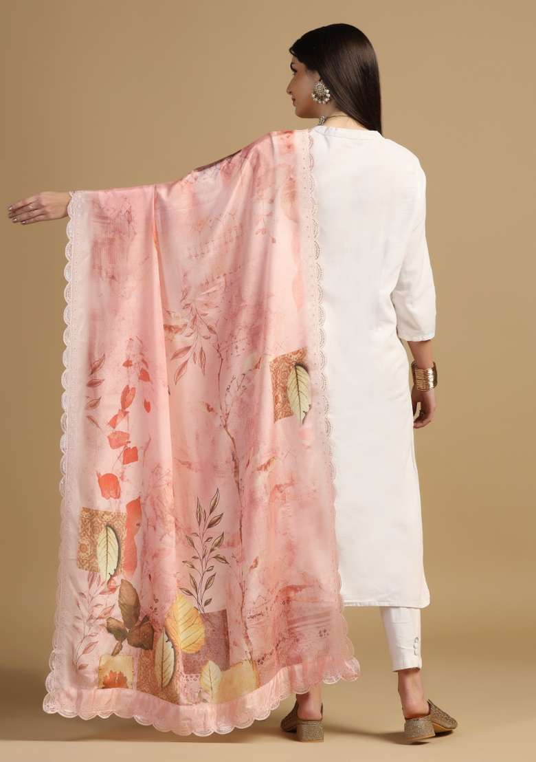 Peach Digital Print Chinon Dupatta - Indya