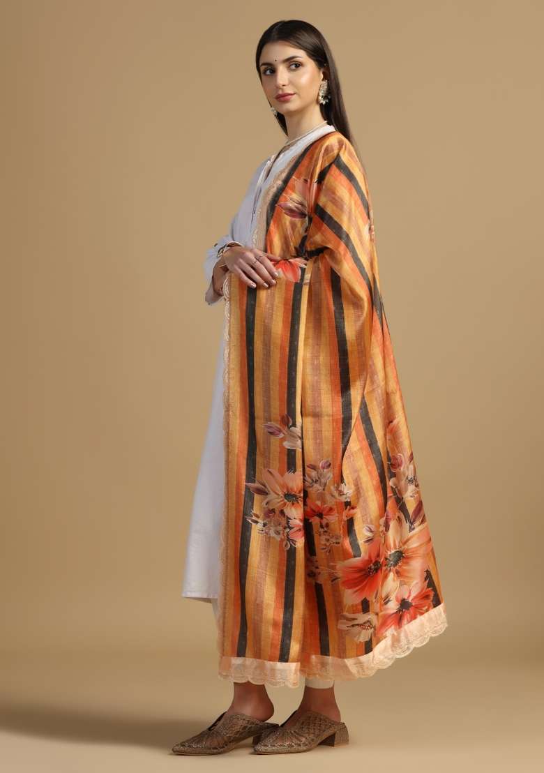 Orange Digital Print Chinon Dupatta - Indya