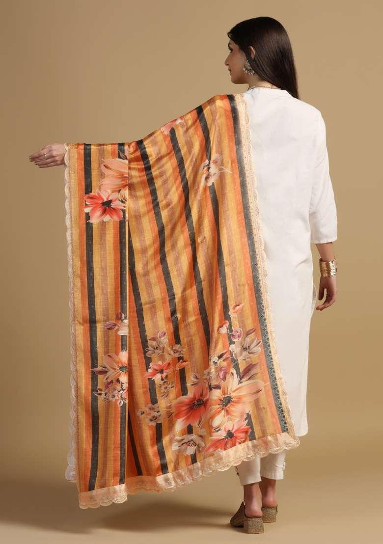 Orange Digital Print Chinon Dupatta - Indya