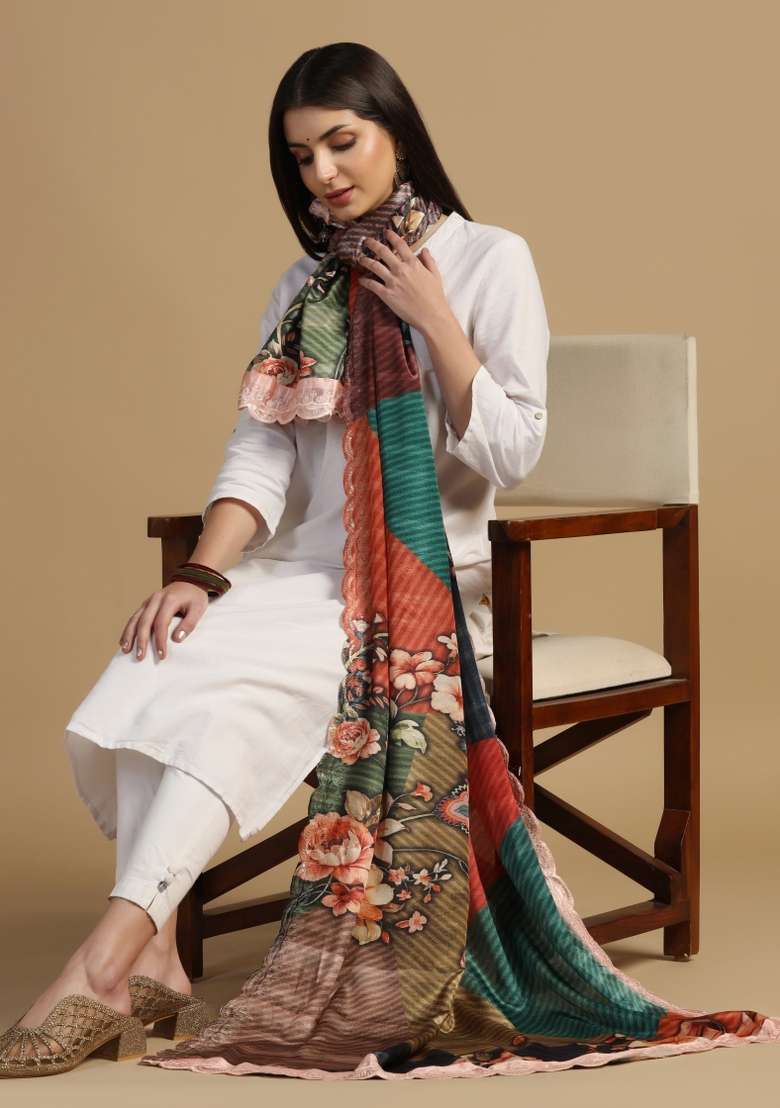 Multi Color Digital Print Chinon Dupatta - Indya
