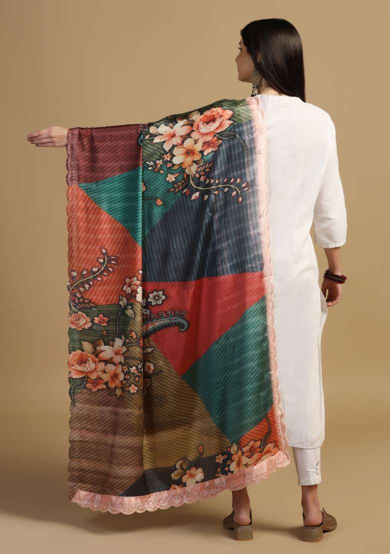 Multi Color Digital Print Chinon Dupatta - Indya