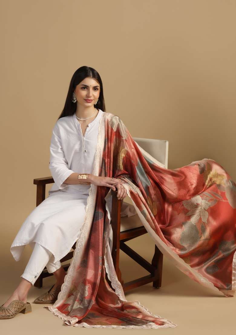 Peach Digital Print Chinon Dupatta - Indya