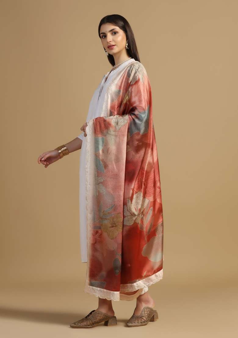 Peach Digital Print Chinon Dupatta - Indya