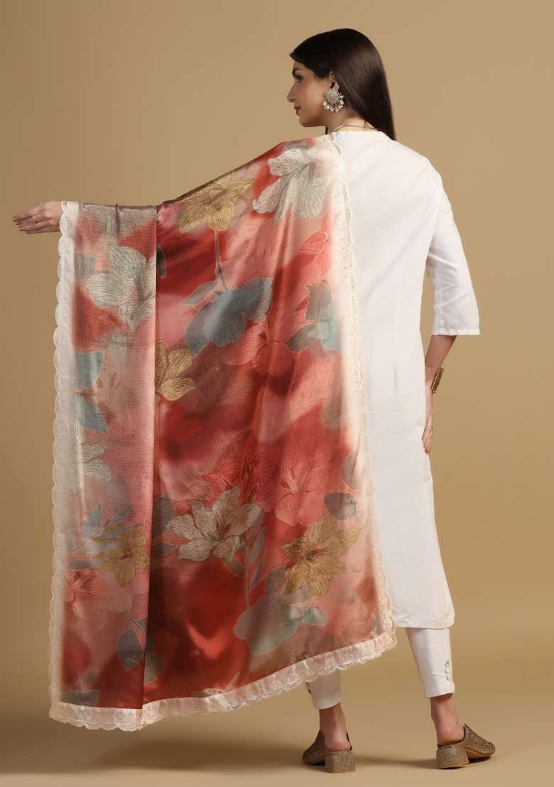 Peach Digital Print Chinon Dupatta - Indya