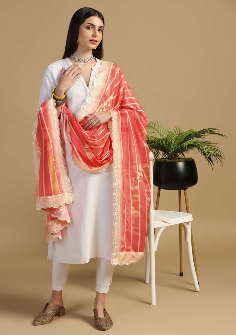Red Digital Print Chinon Dupatta - Indya