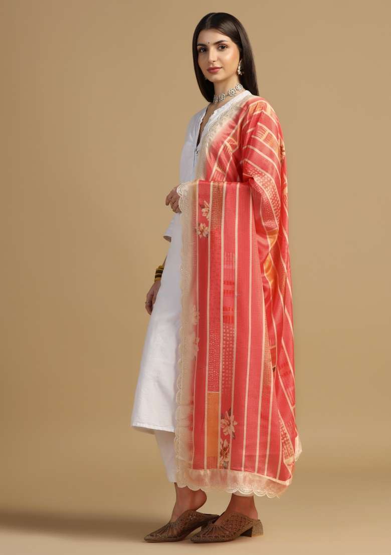 Red Digital Print Chinon Dupatta - Indya