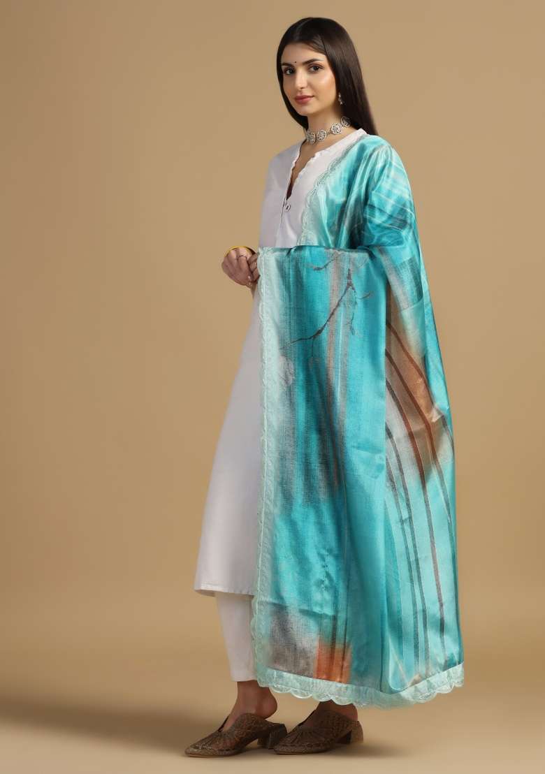 Teal Digital Print Chinon Dupatta - Indya