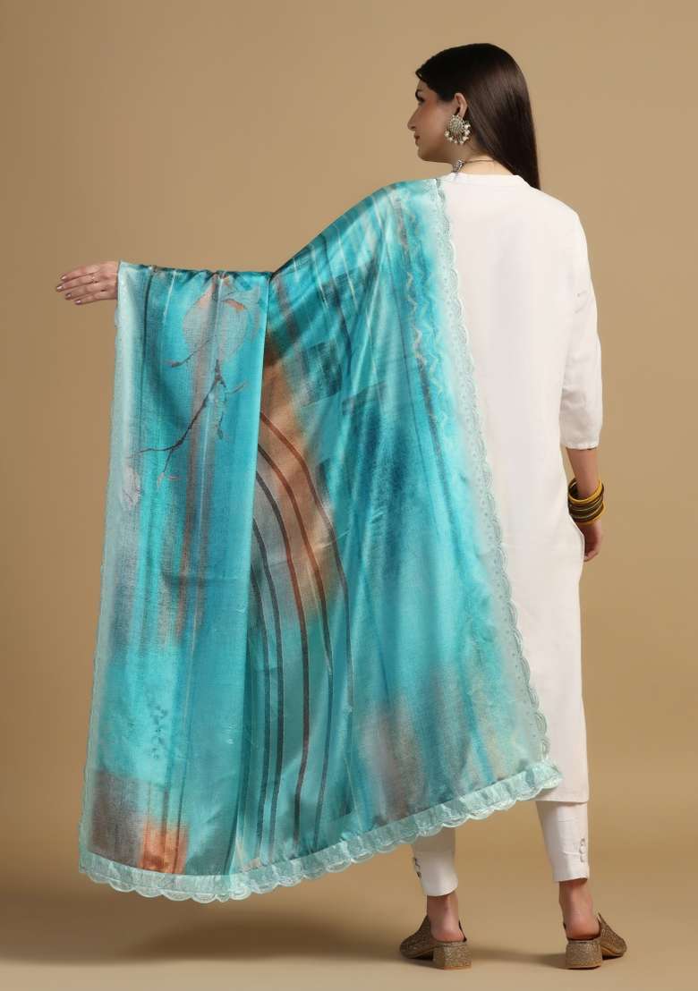 Teal Digital Print Chinon Dupatta - Indya