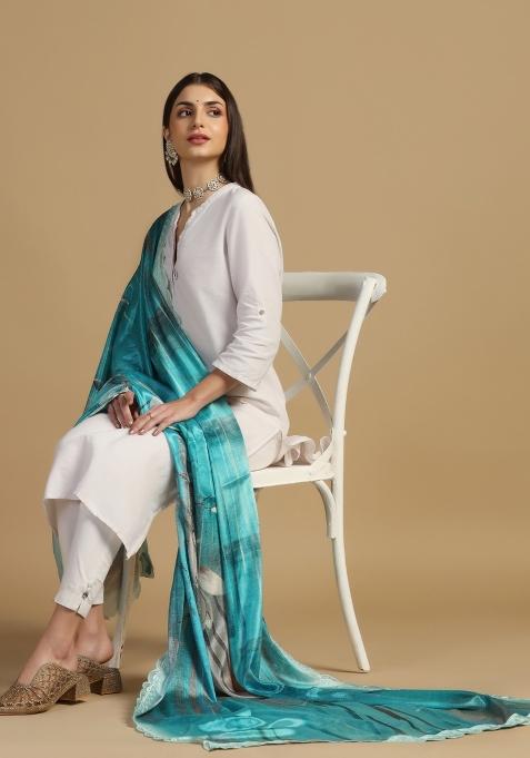 Teal Digital Print Chinon Dupatta