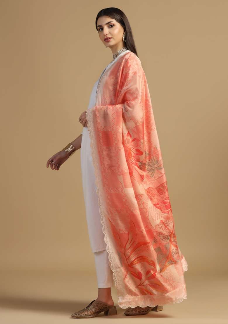 Orange Digital Print Chinon Dupatta - Indya