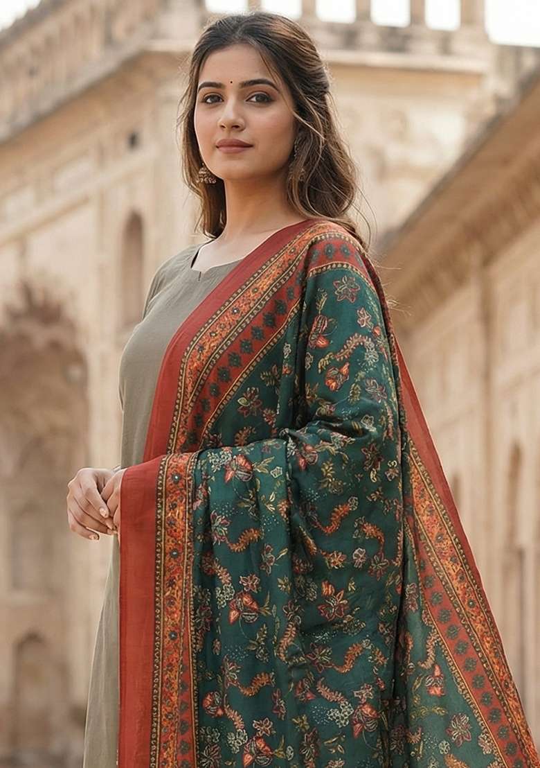 Multi Color Digital Print Silk Dupatta - Indya