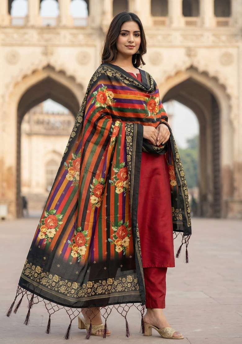 Multi Color Digital Print Silk Dupatta - Indya