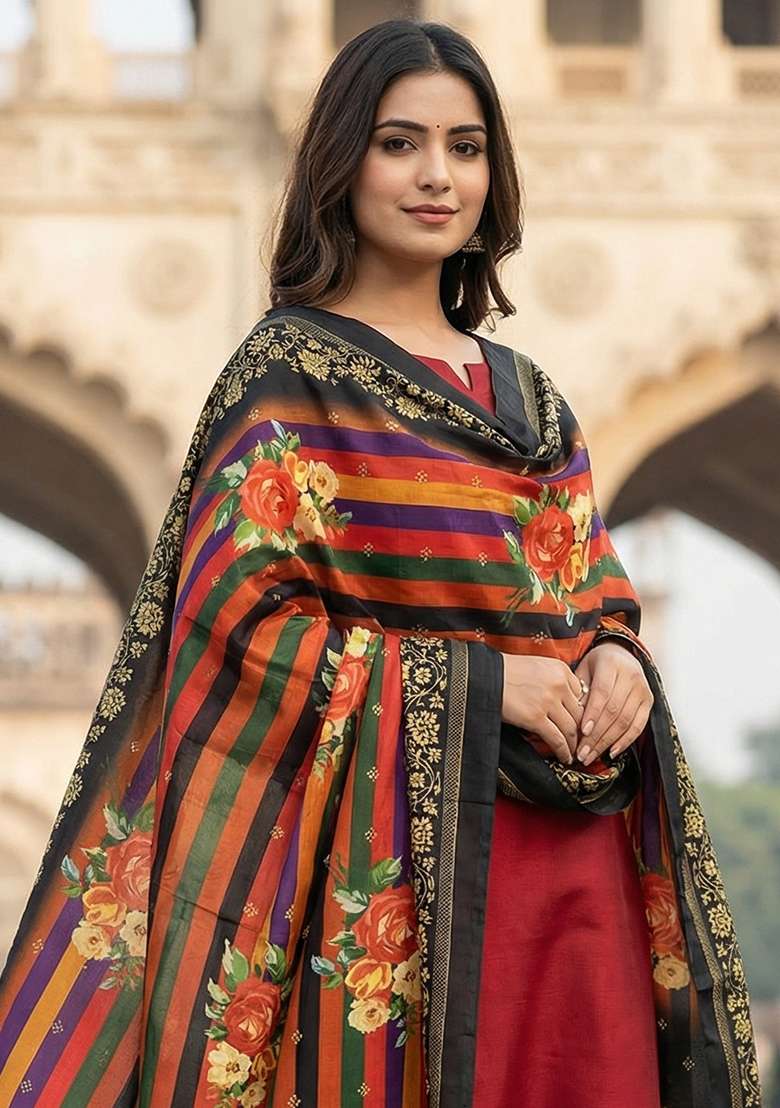 Multi Color Digital Print Silk Dupatta - Indya