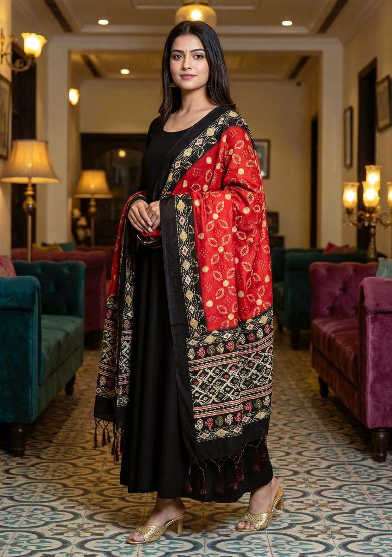 Multi Color Digital Print Silk Dupatta - Indya