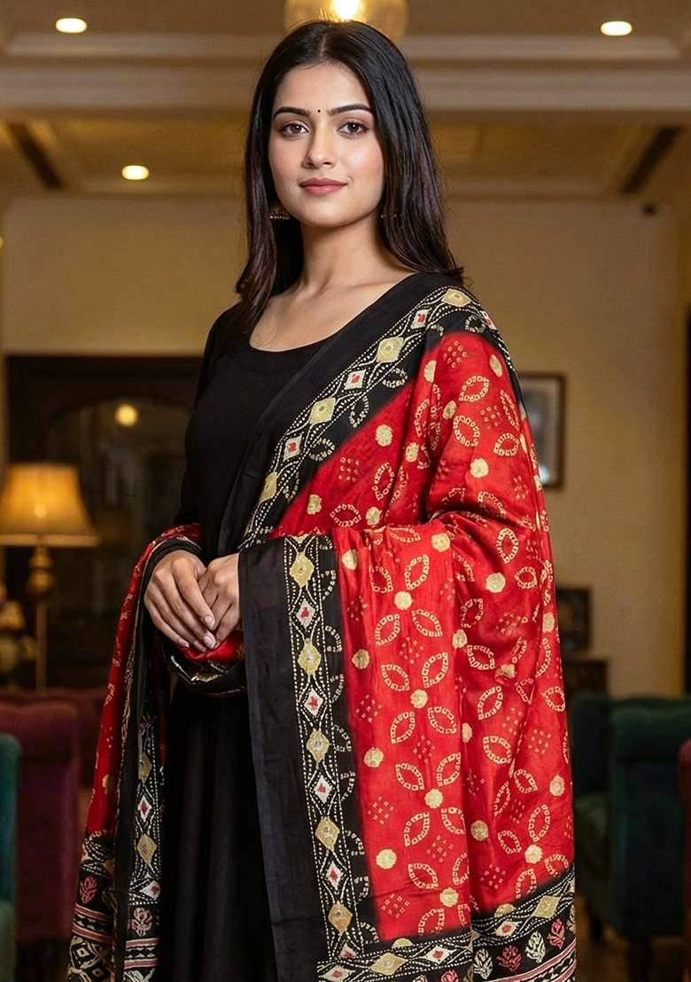 Multi Color Digital Print Silk Dupatta - Indya