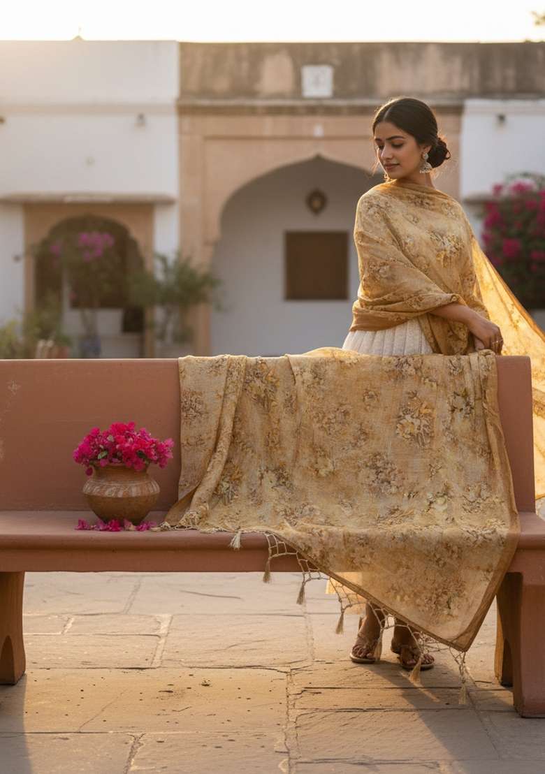 Multi Color Digital Print Silk Dupatta - Indya
