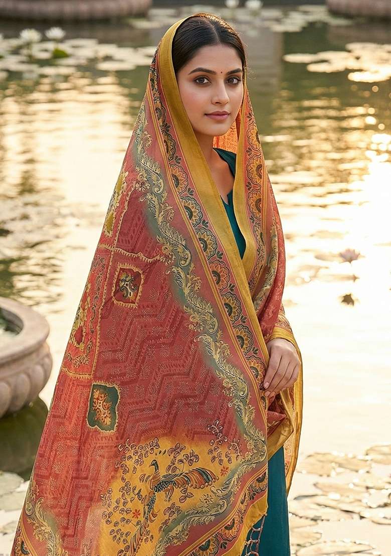 Multi Color Digital Print Silk Dupatta - Indya